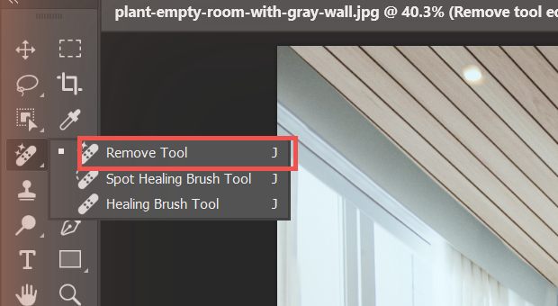 แถบเครื่องมือ Photoshop คลิกขวาแล้วเลือก Remove Tool จากกลุ่ม Healing Brush