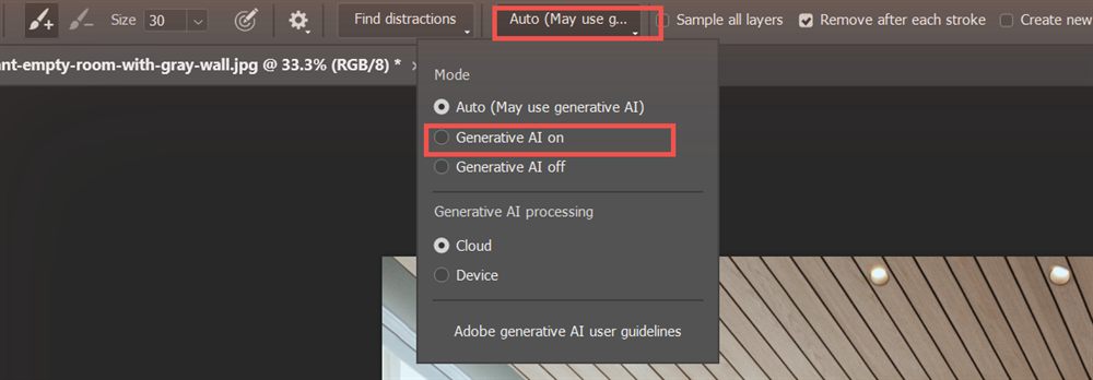 dropdown โหมด Generative AI ใน Photoshop มีตัวเลือก Auto, Generative AI on, Generative AI off และ Cloud กับ Device