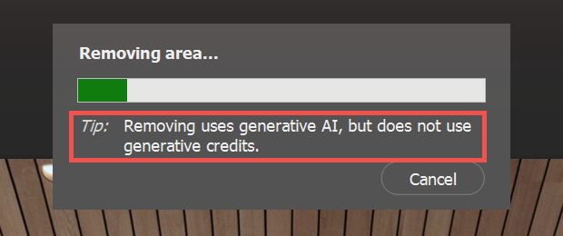 หน้าต่าง Removing area ที่ระบุว่าการลบไม่ใช้ generative credits