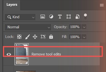 Layers panel แสดงเลเยอร์ใหม่ชื่อ Remove tool edits หลังลบวัตถุเสร็จ